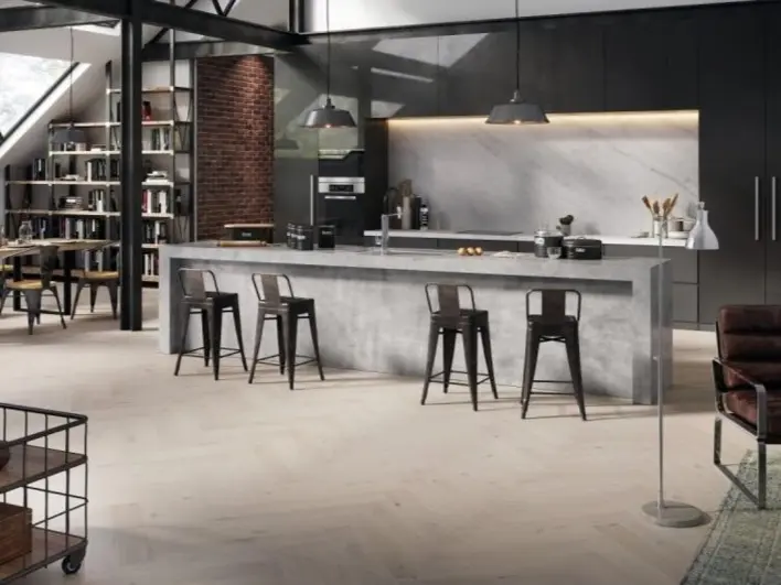 Puulattia - Tammi kalanruoto klik, Cappuccino, harjattu valkoinen mattalakka